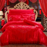Cao cấp đám cưới lớn màu đỏ bông cotton ren giường ga trải giường 1,5 1,8m 2 mét bốn mảnh - Bộ đồ giường bốn mảnh