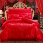 Cao cấp đám cưới lớn màu đỏ bông cotton ren giường ga trải giường 1,5 1,8m 2 mét bốn mảnh - Bộ đồ giường bốn mảnh bộ ga nệm