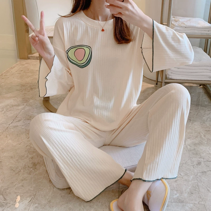 Đồ ngủ nữ mùa xuân và mùa thu cotton dài tay giản dị quần áo tại nhà Hàn Quốc tươi mới rộng lớn mùa thu đông có thể đi ra ngoài phù hợp - Bộ Pajama
