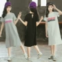 Váy bé gái mùa hè phiên bản Hàn Quốc bằng cotton in ngắn tay dài đến đầu gối trong áo thun bé trai ngoại quốc dáng áo thun bé gái - Trang phục dành cho cha mẹ và con đồ gia đình đi biển