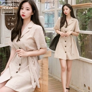 MORAN Hàn Quốc trong siêu lửa cô gái gió lạnh phù hợp với cổ áo đơn ngực áo đầm Một từ bông và vải lanh eo