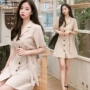 MORAN Hàn Quốc trong siêu lửa cô gái gió lạnh phù hợp với cổ áo đơn ngực áo đầm Một từ bông và vải lanh eo các mẫu váy xòe cho người thấp