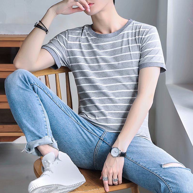 GreyShort sleeve T-shirt male summer Port style Korean version trend bf Versatile stripe jacket leisure time lovers student Half sleeve Compassionate