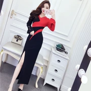 Quần áo nữ mùa thu 2018 phiên bản Hàn Quốc mới của quý cô khí chất cổ chữ V tay dài màu tương phản Đầm suông dáng váy xẻ eo