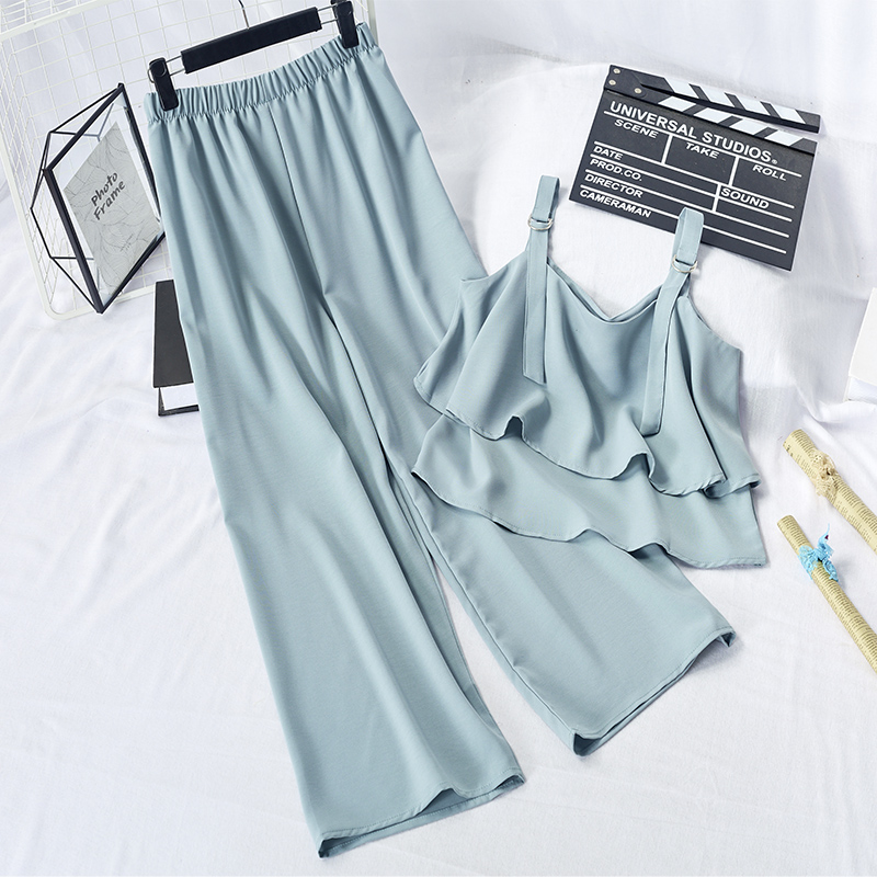 Blue 782-116Spring and summer Han Fan suit Solid color Ruffles camisole vest easy leisure time Wide leg pants Two piece set 782