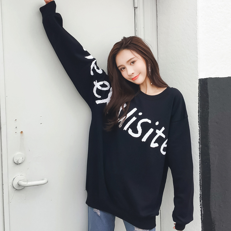 oversize蝙蝠衫2018春装新款女装宽松显瘦圆领套头字母印花卫衣女
