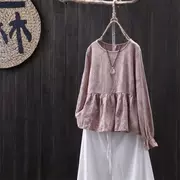 Mùa thu 2019 phiên bản Hàn Quốc mới của áo sơ mi cotton rộng kích thước lớn và vải lanh nữ dài tay áo sơ mi búp bê jacquard áo sơ mi chạm đáy - Áo sơ mi dài tay