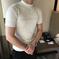 [Capricorn] 2018 mùa xuân mới 3D thủ công thiết kế của nam giới nửa cao cổ áo mỏng áo len T-Shirt ngắn tay áo áo len cao cổ Hàn Quốc
