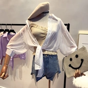 Mùa hè Hàn Quốc phiên bản của chic ngắn phần của đèn lồng tay áo quan điểm voan áo sơ mi thắt nút kem chống nắng quần áo cardigan coat đơn ngực áo sơ mi nữ