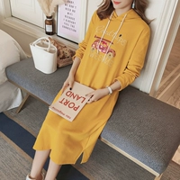 Платье, длинная юбка, длинная толстовка с капюшоном, платье-футболка, коллекция 2021, длинный рукав, в корейском стиле, большой размер