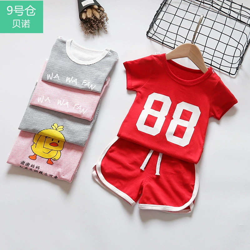 Quần áo trẻ em cotton ngắn tay phù hợp 1-2-3 tuổi Quần áo bé trai và bé gái áo thun quần short hè hai mảnh - Phù hợp với trẻ em