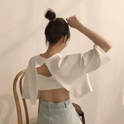 Máy tim Học sinh hàng đầu Hàn Quốc thắt lưng mùa hè eo phụ nữ gợi cảm rò rỉ rốn làm đẹp lưng áo thun ngắn tay - Áo phông