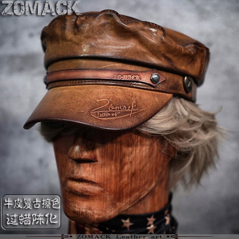Re Color Aging & Brim Logo & Belt BrownLeather Hat Men service cap Amekaji genuine leather locomotive Hat male Sheepskin navy Ins wind Retro solar system male tide