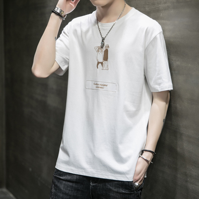 2021新款T恤男短袖圆领青年夏季个性宽松帅气五分袖上衣时尚都市