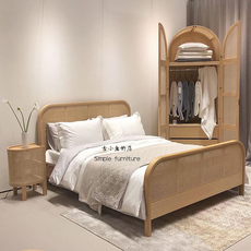 спальня из ротанга 古小鱼 北欧实木床酒店民宿主卧床日式藤编床设计师1.8米双人床
