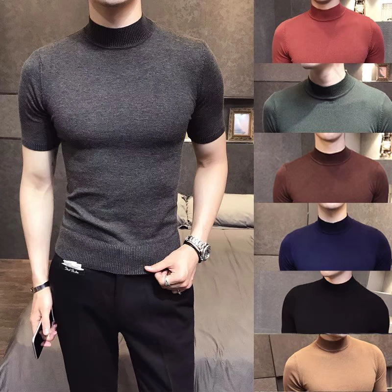 2019 nam mới phiên bản Hàn Quốc của áo sơ mi dệt kim nửa cổ cao tay ngắn chạm đáy trẻ trung hoang dã Slim áo len ngắn tay nam - Áo len cổ tròn