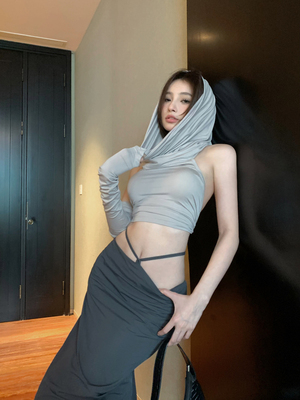taobao agent Spring sexy tank top with hood, jacket, short mini-skirt, long-sleeve
