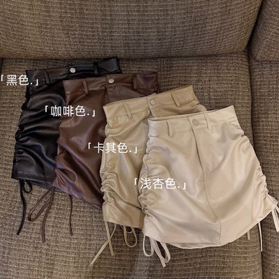 taobao agent Polyurethane demi-season pleated skirt, apricot mini-skirt, high waist, drawstring, hip-accented