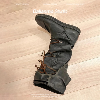 taobao agent 14th black is old tattered middle -aged boots waste soil wind strap knight boots high -pipe flat boots personalized fashion boots