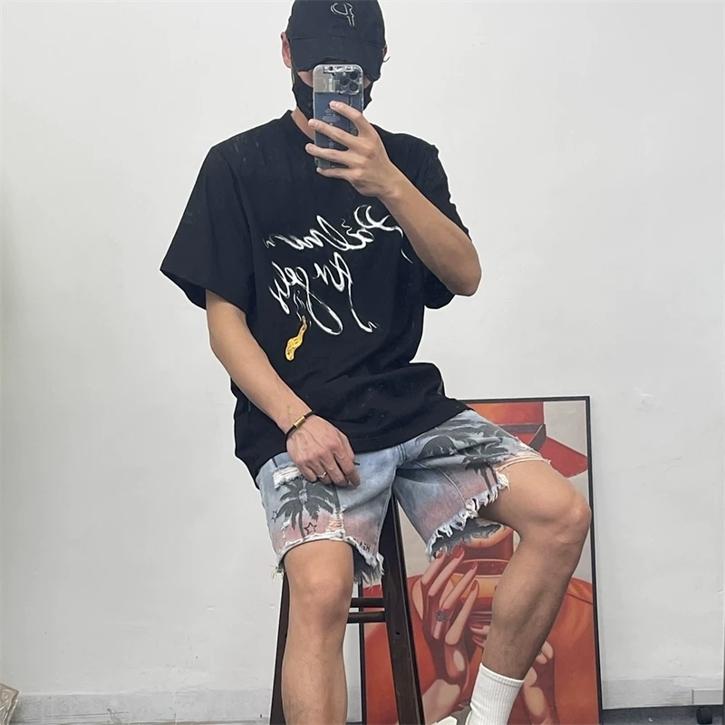 PALM Palm Angel Angels Write Smoke Alphabet Printing Men and Women Short Sleeve Loose Loose Leisure T -shirt 24s