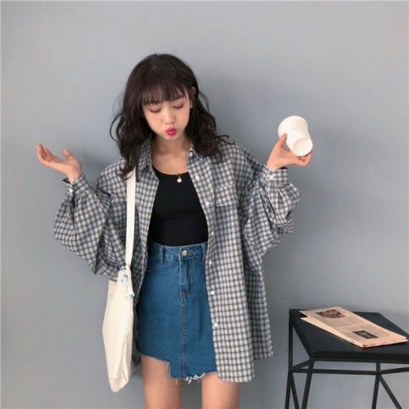 GreySuperfire shirt schoolgirl Korean version easy Versatile Harajuku bf Long sleeve lattice jacket loose coat thin