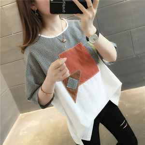 2020新款短袖t恤女宽松韩版休闲棉质半袖印花格子拼接圆领上衣潮