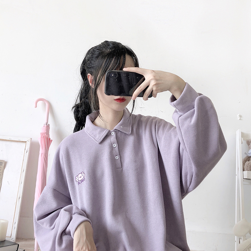 Taro Purpleover size Bear Pink polo Collar sweater female 2021 new pattern easy Long sleeve jacket female spring and autumn Thin