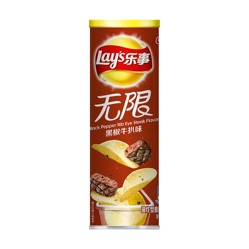 [24 Cans] Black Pepper Steak Flavor 104GLay’s Lay's infinite Potato chips 104g Drum  Cucumber lime barbecue tomato braised pork in brown sauce Black pepper Steak Original taste