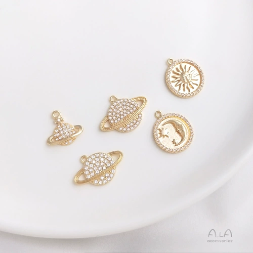 Цирконий, подвеска на солнечной энергии, ожерелье и серьги, микроинкрустация, 14 карат, золотой цвет