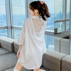 Купальник для пары 睡裙女夏季雪纺薄款中袖小性感蕾丝露背白衬衫bf风春秋中长款睡。
