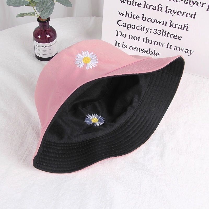 Double Sided (Daisy Black Pink) - H67Double sided wear Hat female Women's hat two-sided Embroidery Versatile Basin cap Fisherman hat men and women lovely student Korean version