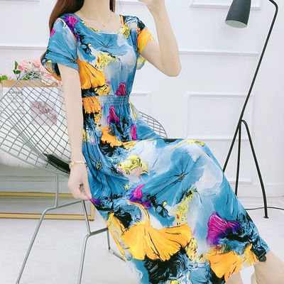 夏民族风棉绸碎花连衣裙海边度假人棉仙女裙大码短袖印花复古长裙