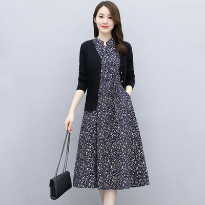 单/针织开衫套装裙子两件套2020秋季新款收腰显瘦中长款A字连衣裙