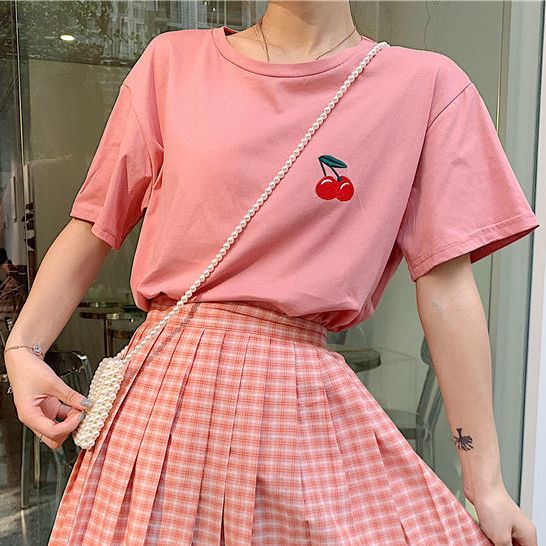 Pink Topsummer new pattern easy Versatile student Short sleeve T-shirt female High waist Half body Pleated skirt Two piece set Casual skirt suit