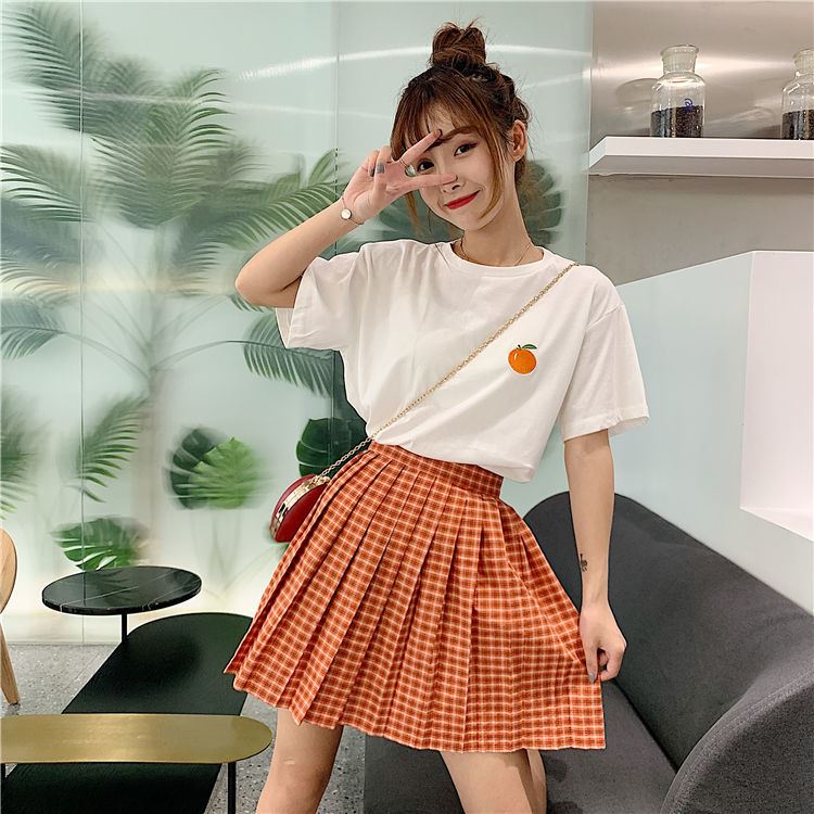 [Suit] Orangesummer new pattern easy Versatile student Short sleeve T-shirt female High waist Half body Pleated skirt Two piece set Casual skirt suit
