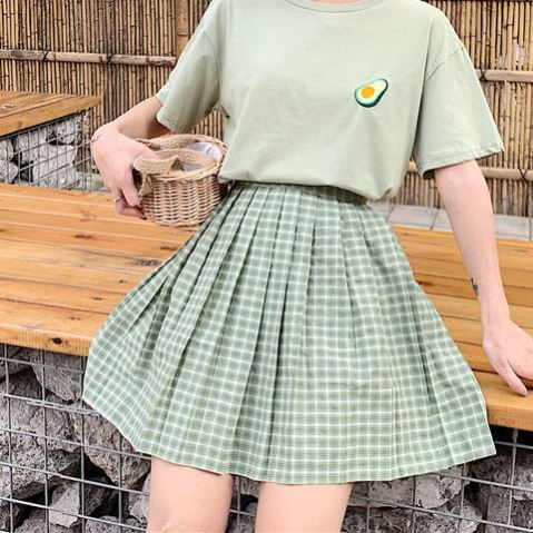 [Single] Green Skirtsummer new pattern easy Versatile student Short sleeve T-shirt female High waist Half body Pleated skirt Two piece set Casual skirt suit