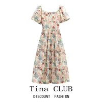 Летний приталенный корсет, шифоновое платье, большой размер, французский стиль, квадратный вырез, в цветочек