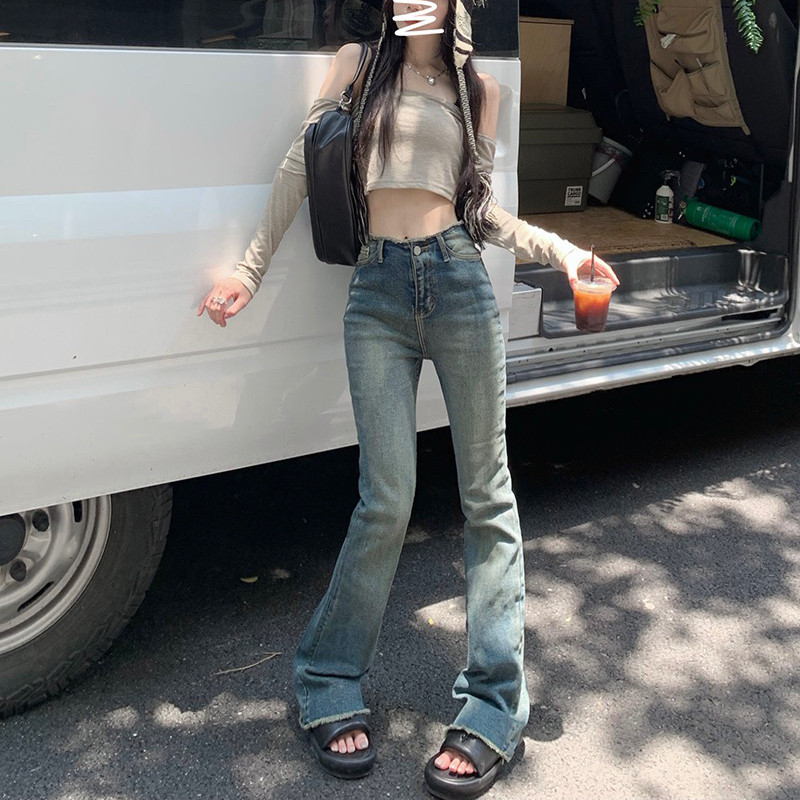 复古水洗蓝微喇牛仔裤女2022新款秋季宽松直筒垂感高腰阔腿长裤子