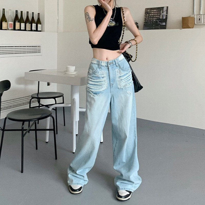 The 2022 new autumn design of ripped jeans for women is irregular, loose, straight-leg, slimming, wide-leg long pants