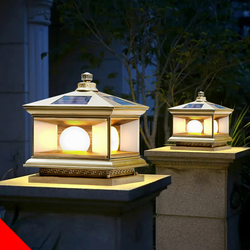 đèn năng lượng mặt trời trụ cổng Đèn cột sân vườn năng lượng mặt trời hoàn toàn bằng đồng chống thấm nước kiểu Trung Quốc mới cổng lớn tường ngoại vi đèn cột trụ lớn đèn năng lượng mặt trời trụ cổng đèn năng lượng mặt trời trụ cổng