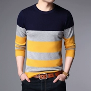 Thời trang nam cổ tròn sọc áo len áo len mới dài tay T-Shirt nam mùa thu kích thước lớn bộ đáy áo