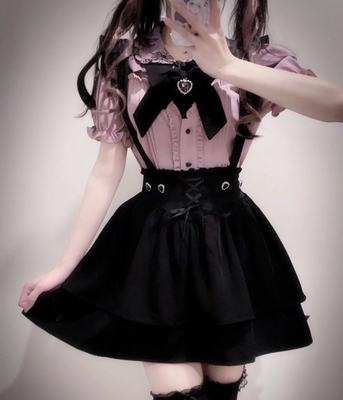 taobao agent [Full spot] Japanese lace edge horn sleeve short sleeve sleeve sleeve pink shirt back skirt two -piece set mine