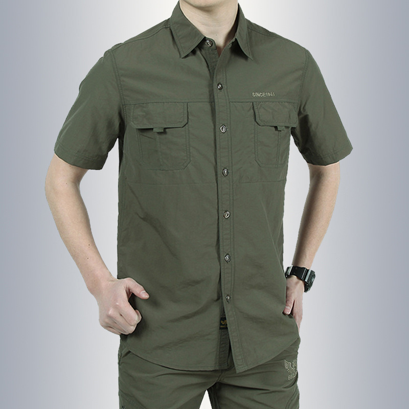 Army Greensummer outdoors Multi bag Short sleeve shirt executive officer suit ventilation shirt man leisure time Military equipment Quick drying thin
