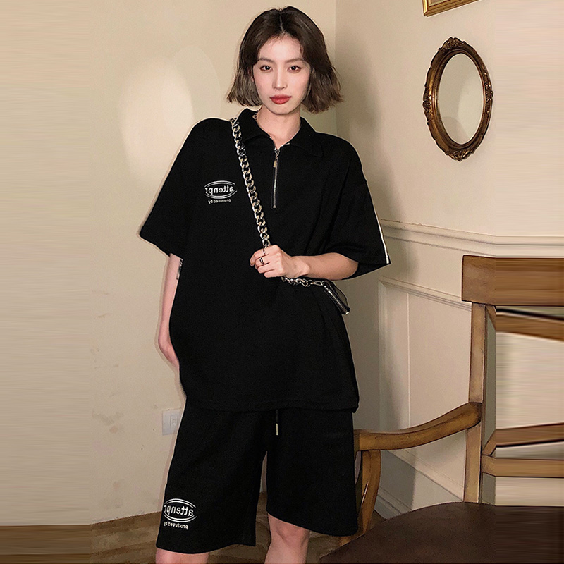 Black SuitSalt system Bomb Street pure cotton motion leisure time Two piece suit female summer new pattern easy student fashion Age reduction shorts tide
