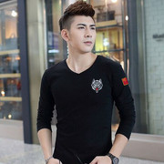 Thêu wolf head mùa thu đồng phục nam dài tay t-shirt đen vòng cổ cờ quân đội fan quần áo lực lượng đặc biệt t-shirt