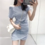 Xếp li cao eo là mỏng một từ váy nữ 2018 mùa hè mới Hàn Quốc ngắn tay mỏng cổ tròn sọc đầm kiểu đầm xòe