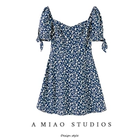 Летнее ретро сексуальное платье, приталенная юбка, французский стиль, квадратный вырез, цветочный принт, высокая талия