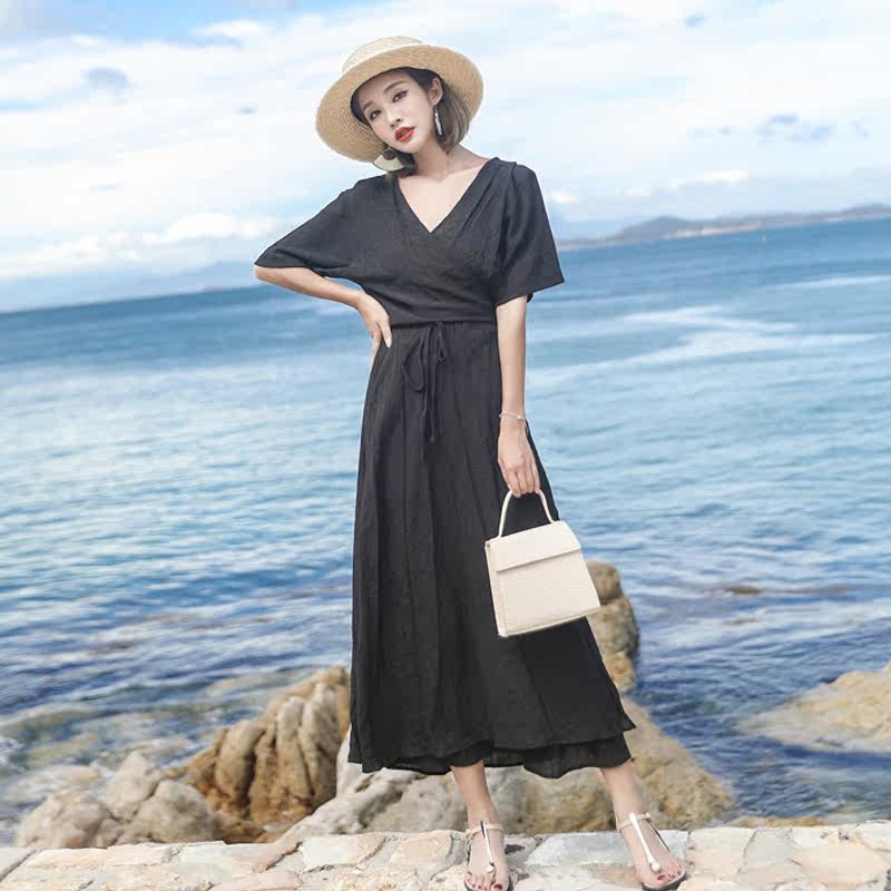 实拍2018韩版夏新款气质长款裹身裙v领修身复古连衣裙长裙女