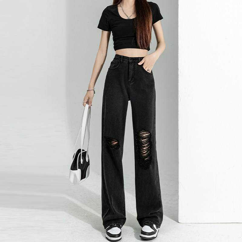 Black high-waisted straight-leg ripped jeans, summer women's thin, wide-leg pants with a sense of drape, loose and slimming floor-length pants