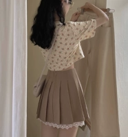 Хаки японская кружевная мини-юбка, приталенная ретро короткая юбка в складку, высокая талия